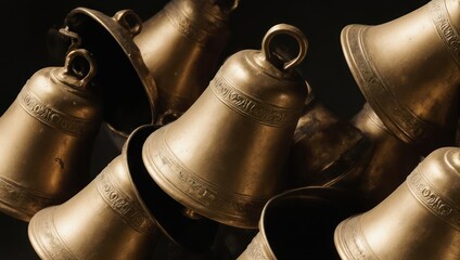 Close-up of multiple antique brass bells with intricate designs, creating a textured and reflective surface.