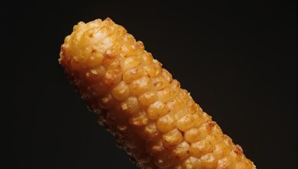 Close-up shot of a golden fried corn dog on a stick.