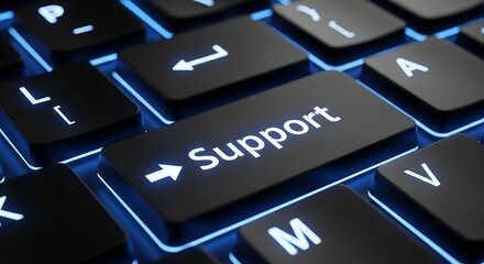 Customer Support Button Glowing on a Computer Keyboard with Blue Backlighting