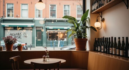 Chic restaurant interior with a large window view. Modern wooden table and booth seating for fine dining. Extensive wine bottle collection on display. Urban bistro concept for gastronomy