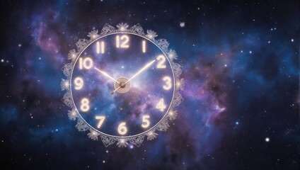 Cosmic Clock in a Starry Nebula Sky, Time and Space Concept.