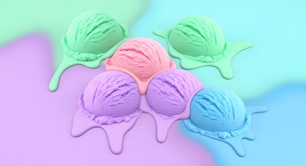 Colorful ice cream scoops in pastel colors melting on a bright background