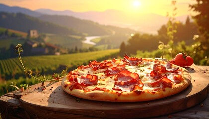 Delicious pizza with prosciutto and beautiful landscape during sunset in nature