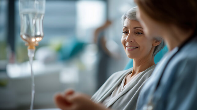 Serene oncology treatment room with IV drip in focus faceless nurse and patient interaction defocused compassionate care background medical equipment visible supportive
