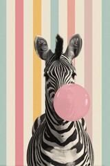Obraz premium Zebra Blowing Pink Bubble Gum in a Colorful Striped Background