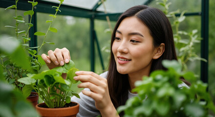A smiling woman gently inspects a leafy green plant in a bright greenhouse, radiating a calm and nurturing mood