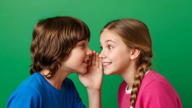 Boy whispering a secret to a girl, telling confidential information on a green screen for chromakey footage