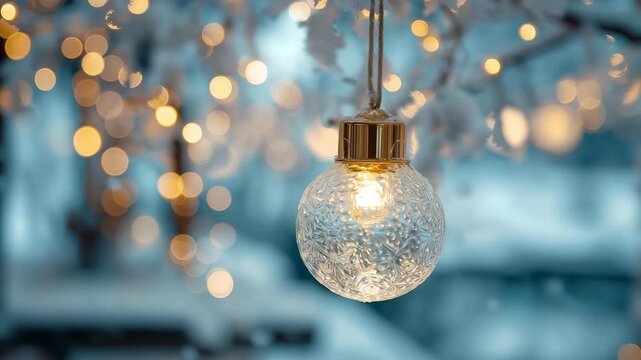 Cinematic glowing glass ornament ball hanging from snowy tree branch, warm golden lights in winter bokeh background, cozy festive atmosphere in ultra realistic 4K motion