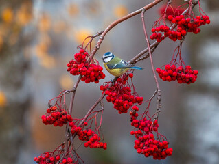  A small blue tit bird sits on a rowan branch with scarlet ripe berries © nataba