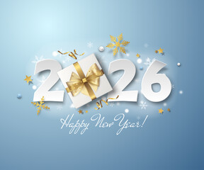 Vector festive banner with white paper cutout numbers 2026, golden curled ribbons, snowflakes, and a gift box with a bow on a blue horizontal background. Happy New Year text on a holiday greeting card