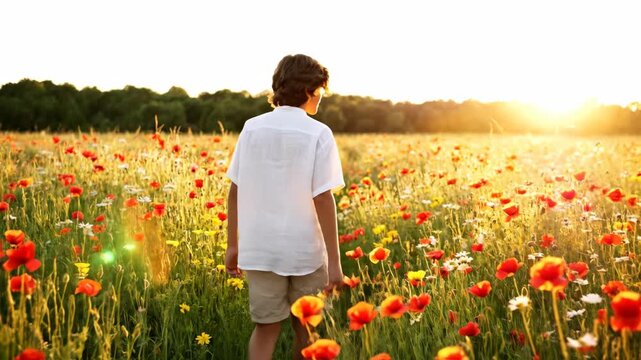Barefoot Person Walking Through Vibrant Red Poppy Field at Golden Sunset.