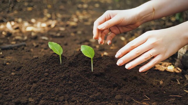Close-up of human hands planting a small green sapling into soil, sunlight shining in the background, symbol of sustainability and care for nature