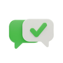 Fototapeta premium 3d icon of green and white speech bubbles with checkmark isolated on transparent background