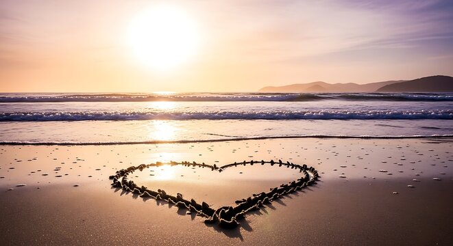 Heart drawn in the sand on a beach at sunset with waves gently lapping the shore background