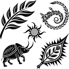 Vector set of five bold black tribal illustrations featuring a stylized rhinoceros beetle, sun symbol, intricate spikey leaf, fern foliage, and spiral laurel wreath for graphic design.