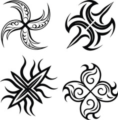 Set of four abstract black tribal vector symbols featuring four-pointed rotational designs, stylized pinwheel shapes, and dynamic propeller or cross elements for graphic logo and tattoo art.