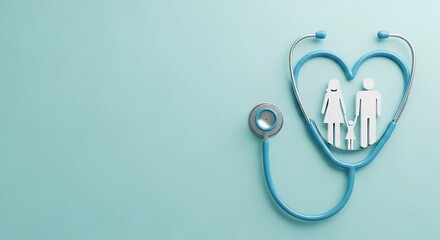 Stethoscope forming a heart shape around a family silhouette, symbolizing healthcare and love background