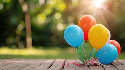 Colorful Balloons on Wooden Table in Vibrant Outdoor Setting with Sunlight and Bokeh Effect