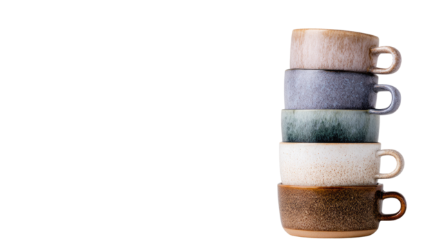 Stacked ceramic mugs in neutral tones arranged in balanced vertical pile kitchen drinkware collection isolated on white background
