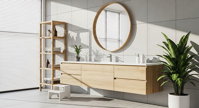 Modern bathroom interior with wooden vanity, round mirror, and green plant background