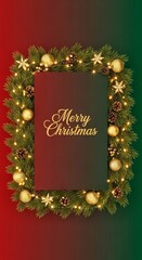 Vertical Merry Christmas card or social media post. Glowing gold wreath frame on festive red, green gradient background. Flyer or invitation design.