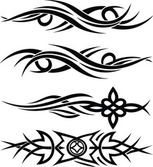 Set of four bold black tribal tattoo style vector horizontal borders and dividers featuring abstract flowing lines and celtic knot and thorn elements for graphic design use.