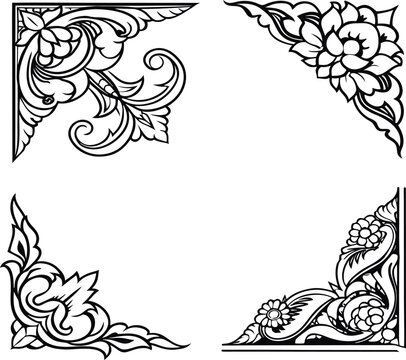 Intricate set of decorative vector corner borders in traditional thai and khmer kanok art style with detailed floral and delicate s-shaped foliage scroll ornaments.