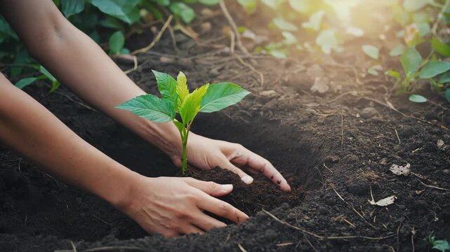 Close-up of human hands planting a small green sapling into soil, sunlight shining in the background, symbol of sustainability and care for nature
