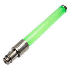 Bright green glowing light tube with metallic base, isolated PNG transparent background