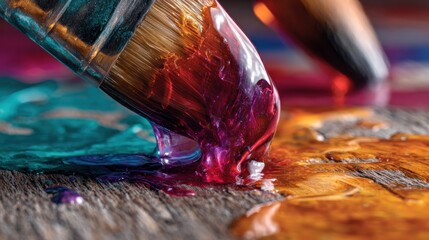 Colorful paint drips from paintbrushes onto a wooden surface