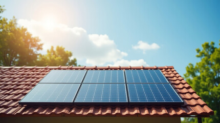 Solar panels on red tiled roof generating renewable energy under clear blue sky on sunny summer day surrounded by green trees