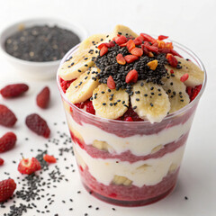 Dragon Fruit and Banana Frozen Yogurt Parfait with Goji Berries and Black Sesame Seeds