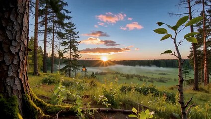 Sunrise mist over forest clearing with pine trees wildflower foreground and lake horizon - Powered by Adobe