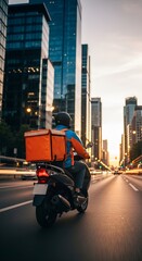 Modern Food Delivery Scooter Rider in Urban City at Sunset