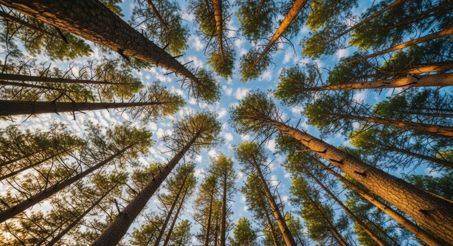 Upward perspective of a tall pine tree forest. Golden sunlight illuminating the canopy and trunks. Business growth metaphor and environmental wellness concept for corporate goals
