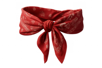 Red paisley bandana, tied in a knot, styled as a headband accessory. Fashion headwear with a classic pattern