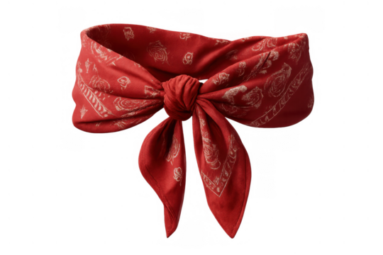 Red paisley bandana, tied in a knot, styled as a headband accessory. Fashion headwear with a classic pattern