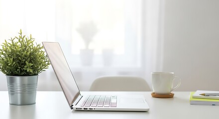 Fototapeta premium Minimalist home office setup with an open laptop, a potted plant, and a coffee cup on a white desk background
