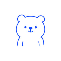 Blue, minimal line drawing of cartoon bear on white