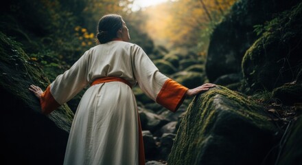 Female traveler on a spiritual pilgrimage. Ancient wisdom and connection to nature. Exploring a mystical forest path. Personal growth and mindfulness journey concept