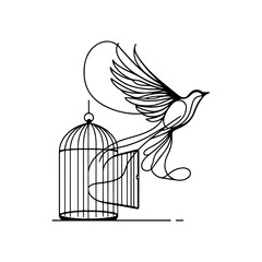 Bird Flying Out of Cage Line Art Vector — Black and White Minimal Illustration Symbolizing Freedom and Liberation