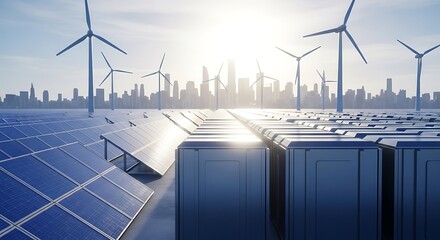 Renewable energy farm with solar panels, wind turbines, and battery storage in front of a city skyline background
