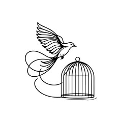 Bird Flying Out of Cage Line Art Vector — Black and White Minimal Illustration Symbolizing Freedom and Liberation