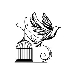 Bird Flying Out of Cage Line Art Vector — Black and White Minimal Illustration Symbolizing Freedom and Liberation