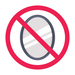 No mirror sign, prohibited mirror icon, do not look in the mirror, don’t use mirror, red crossed circle symbol, flat vector illustration