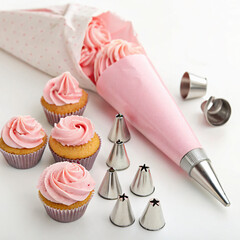 Pastry bag filled with pink frosting surrounded by piping tips, isolated on white