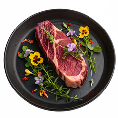 Rare cooked beef with flowers, Fancy steak decorated on a black plate, cutout PNG transparent background