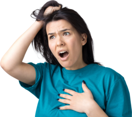 Portrait of attractive lady holding hands on head. Human face expressions and emotions.