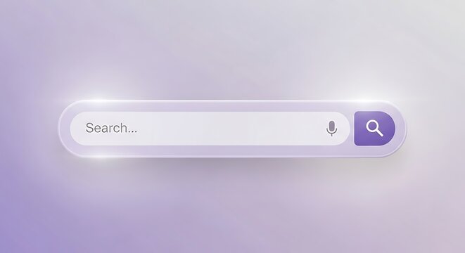 Modern search bar interface with a microphone icon and search button, on a soft purple gradient background background