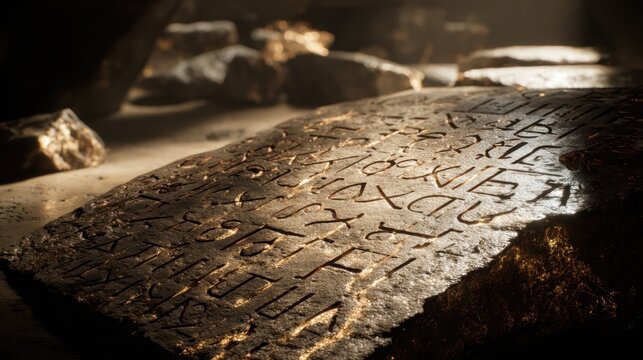 Ancient Inscribed Stone Tablet with Hieroglyphics and Weathered Surface in Dim Light